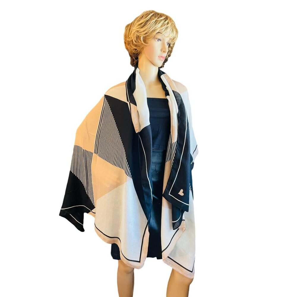Geometric Patterned Scarf Shawl Wrap 72" x 34" Black Beige White